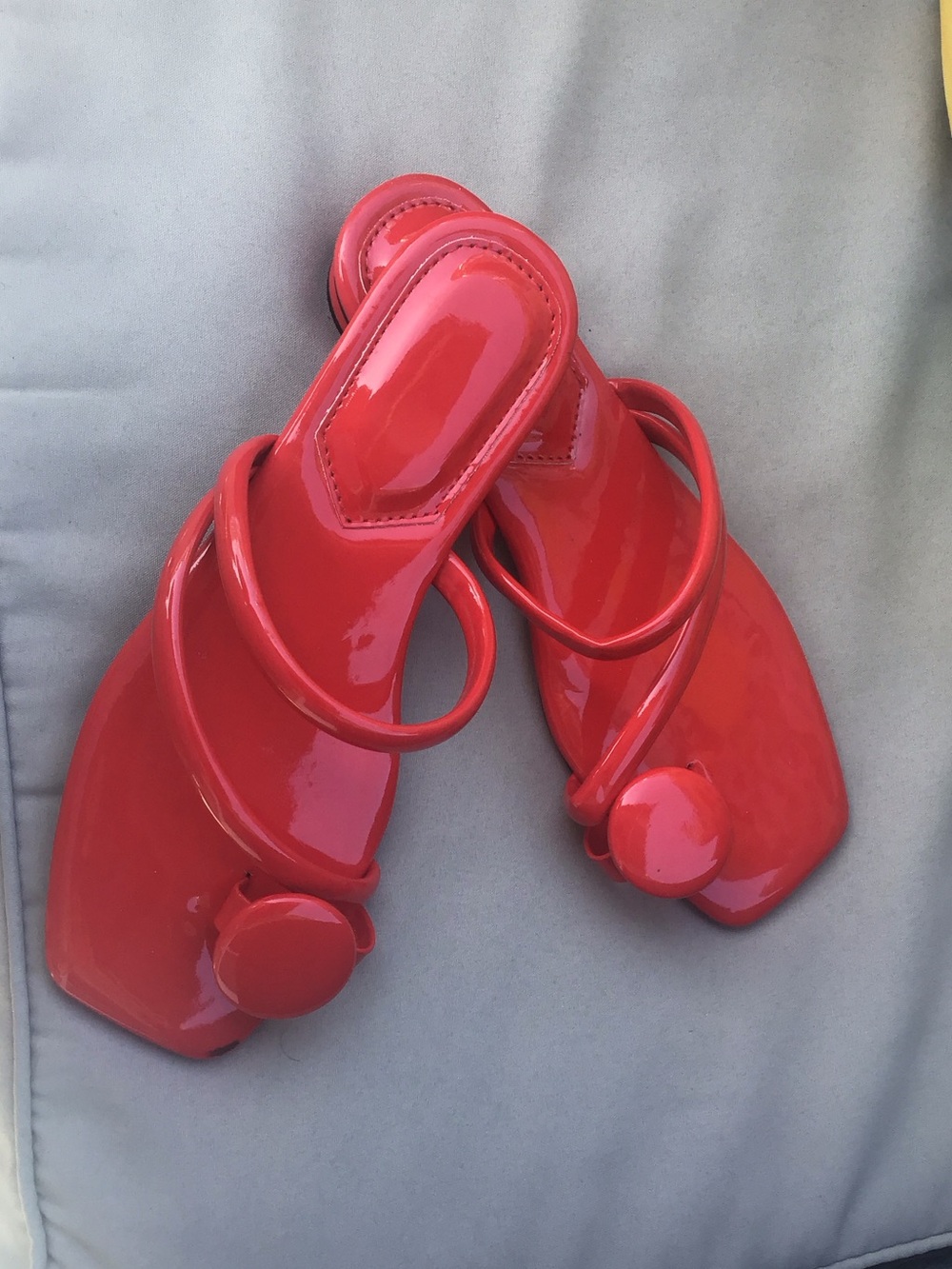 Patent Red Slide Mules with Sculptural Strap Detail